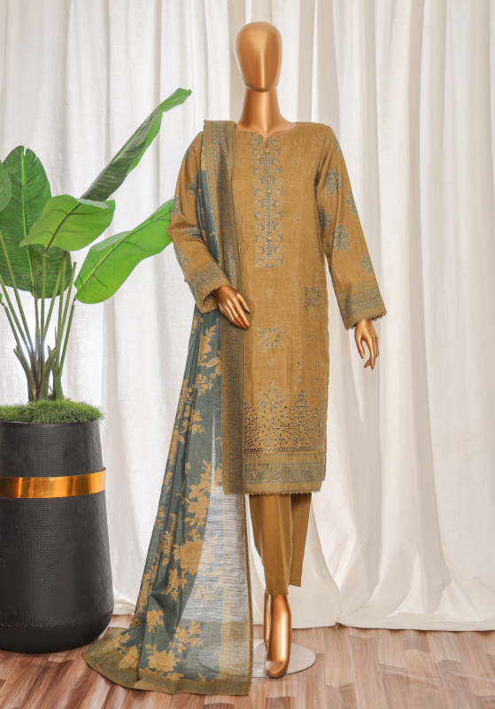 HZ 3PC Premium Khaddar Unstitched Suit with Elegant Chimki Embroidery