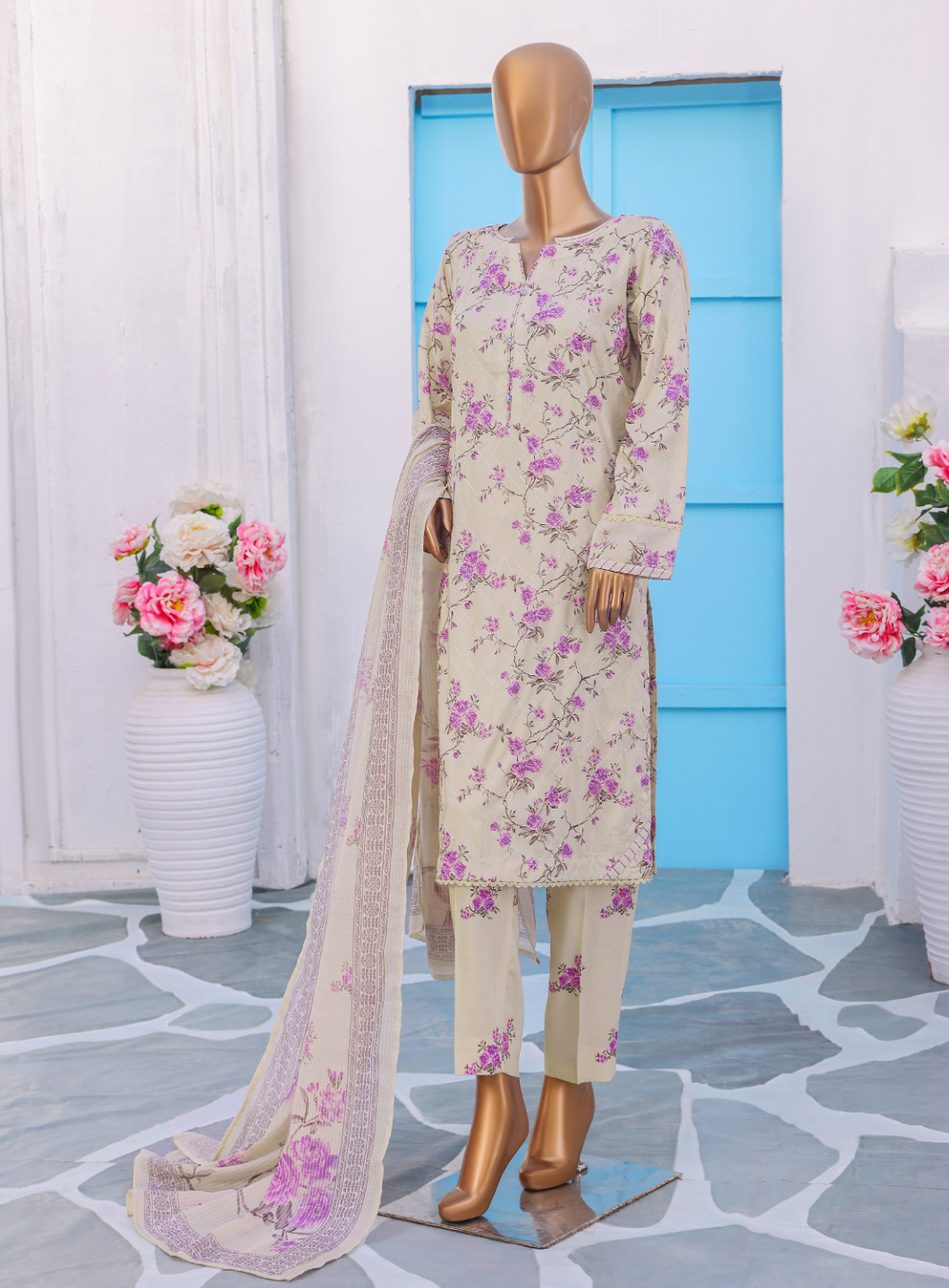 HZ 3PC Unstitched Mother Linen Suit with Premium Embroidery