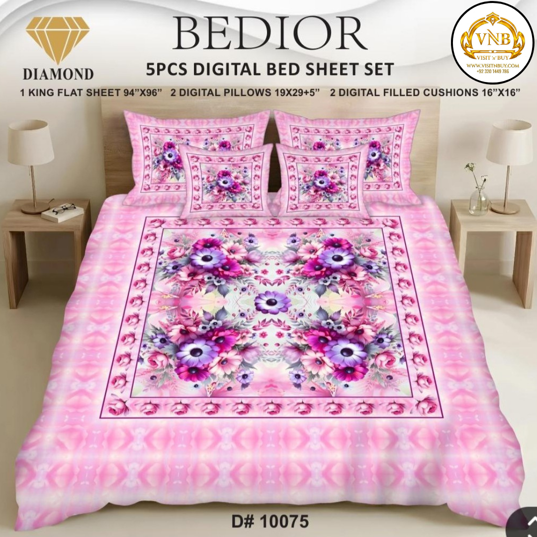 BEDIOR Diamond 5 Pcs HD Digital Printed 5D Bedsheet - King Size