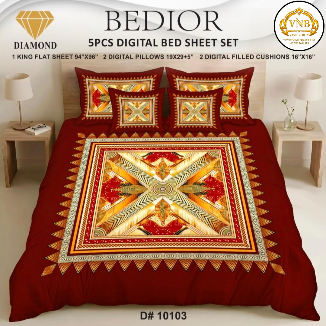 BEDIOR Diamond 5 Pcs HD Digital Printed 5D Bedsheet - King Size