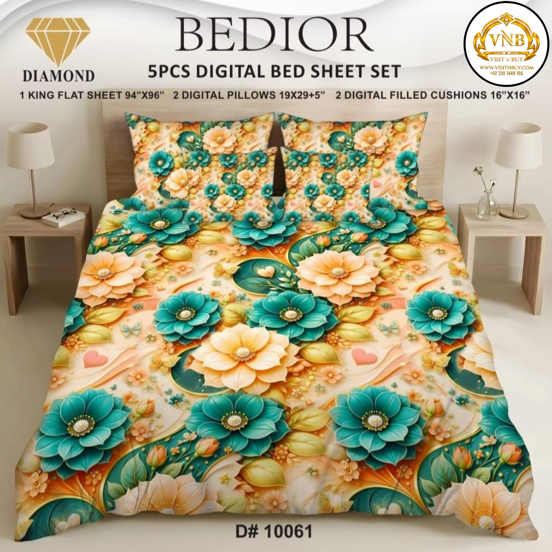 BEDIOR Diamond 5 Pcs HD Digital Printed 5D Bedsheet - King Size