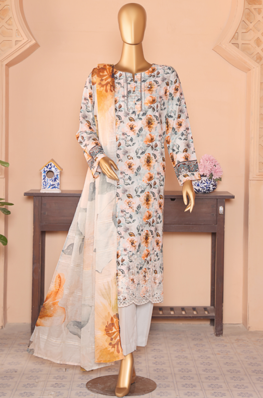 HZ 3PC Unstitched Linen Suit with Elegant Chikankari Embroidery