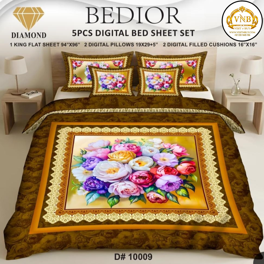 BEDIOR Diamond 5 Pcs HD Digital Printed 5D Bedsheet - King Size