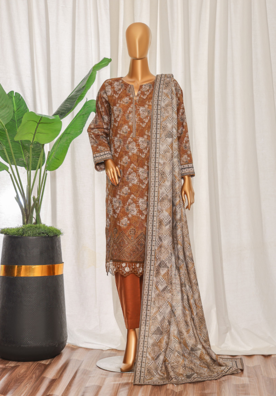 HZ 3PC Premium Khaddar Unstitched Suit with Elegant Chimki Embroidery