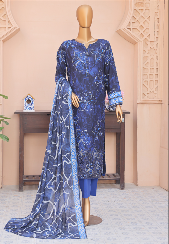 HZ 3PC Unstitched Linen Suit with Elegant Chikankari Embroidery