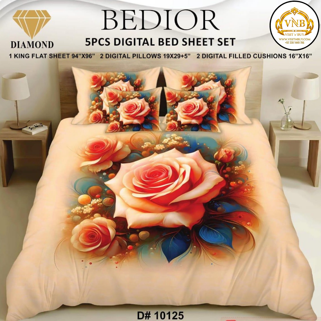 BEDIOR Diamond 5 Pcs HD Digital Printed 5D Bedsheet - King Size
