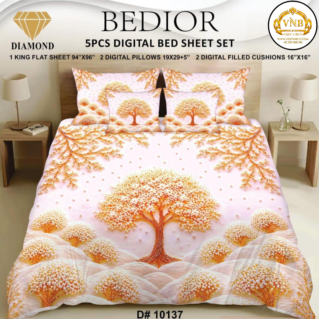 BEDIOR Diamond 5 Pcs HD Digital Printed 5D Bedsheet - King Size
