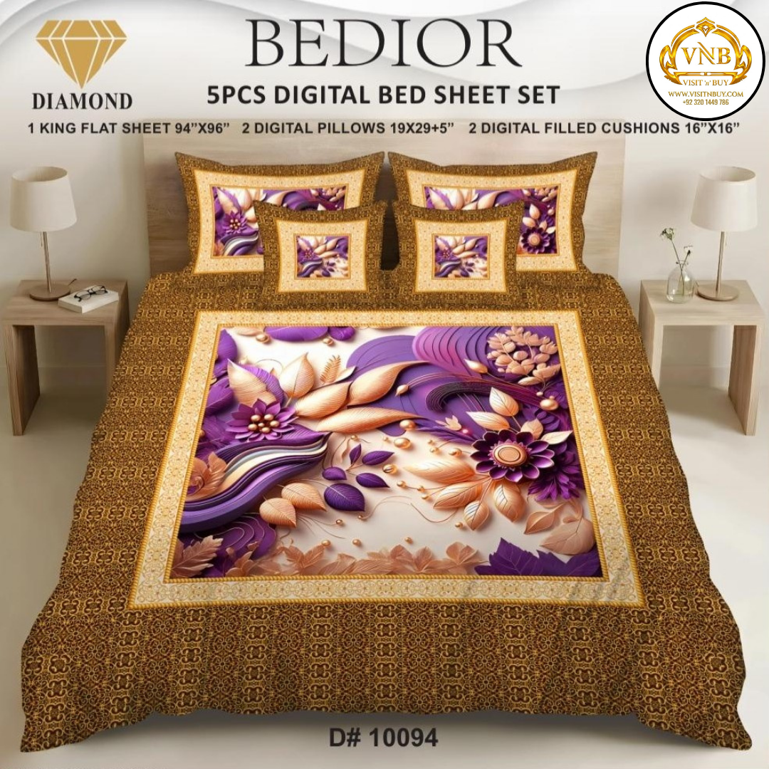 BEDIOR Diamond 5 Pcs HD Digital Printed 5D Bedsheet - King Size
