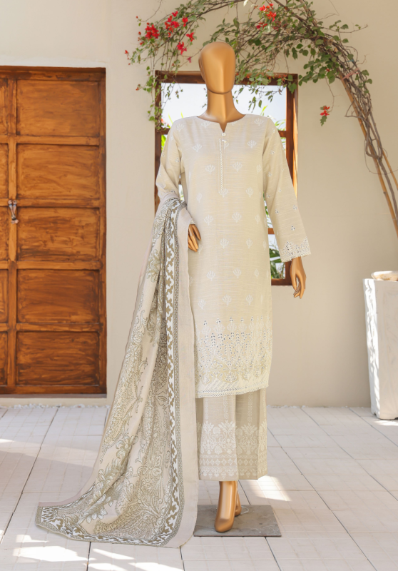 HZ 3PC Unstitched Khaddar Embroidered Chikankari Suit with Luxurious Pashmina Shawl