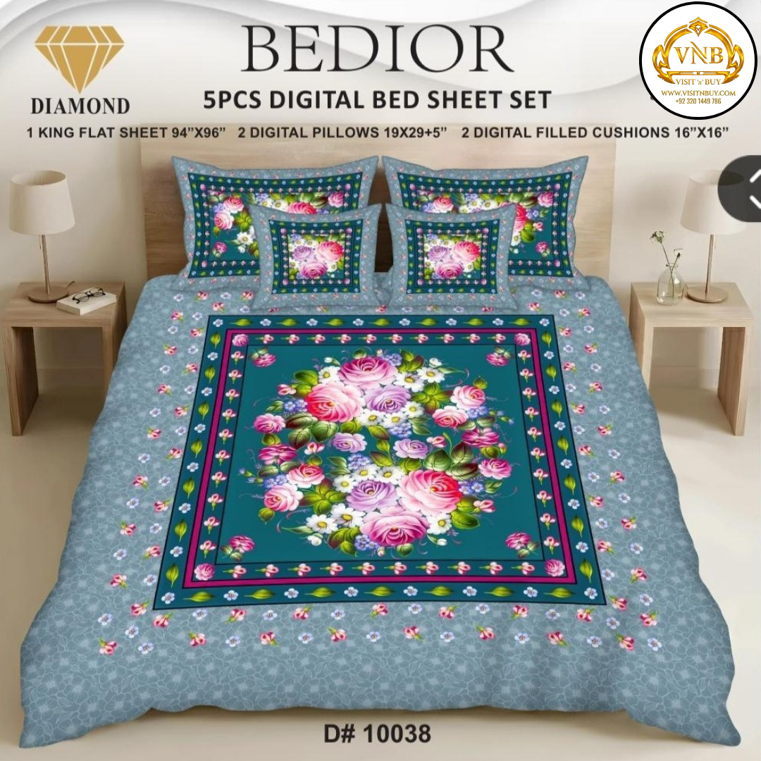 BEDIOR Diamond 5 Pcs HD Digital Printed 5D Bedsheet - King Size