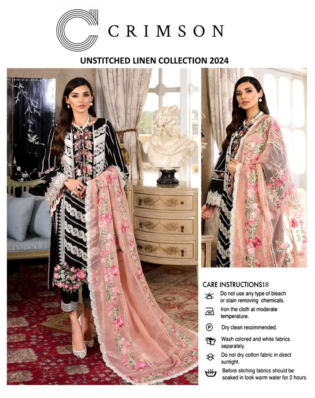 3Pc Unstitched Linen and Shaffon Embroidery Suit Replica