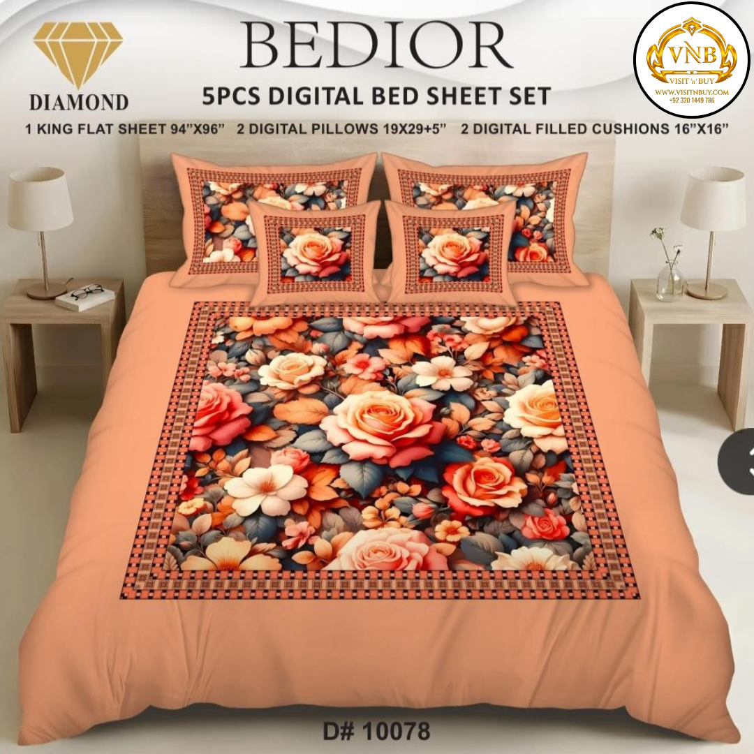 BEDIOR Diamond 5 Pcs HD Digital Printed 5D Bedsheet - King Size