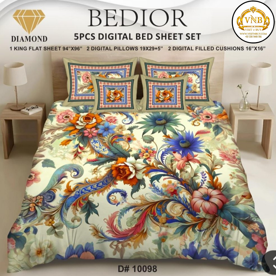 BEDIOR Diamond 5 Pcs HD Digital Printed 5D Bedsheet - King Size