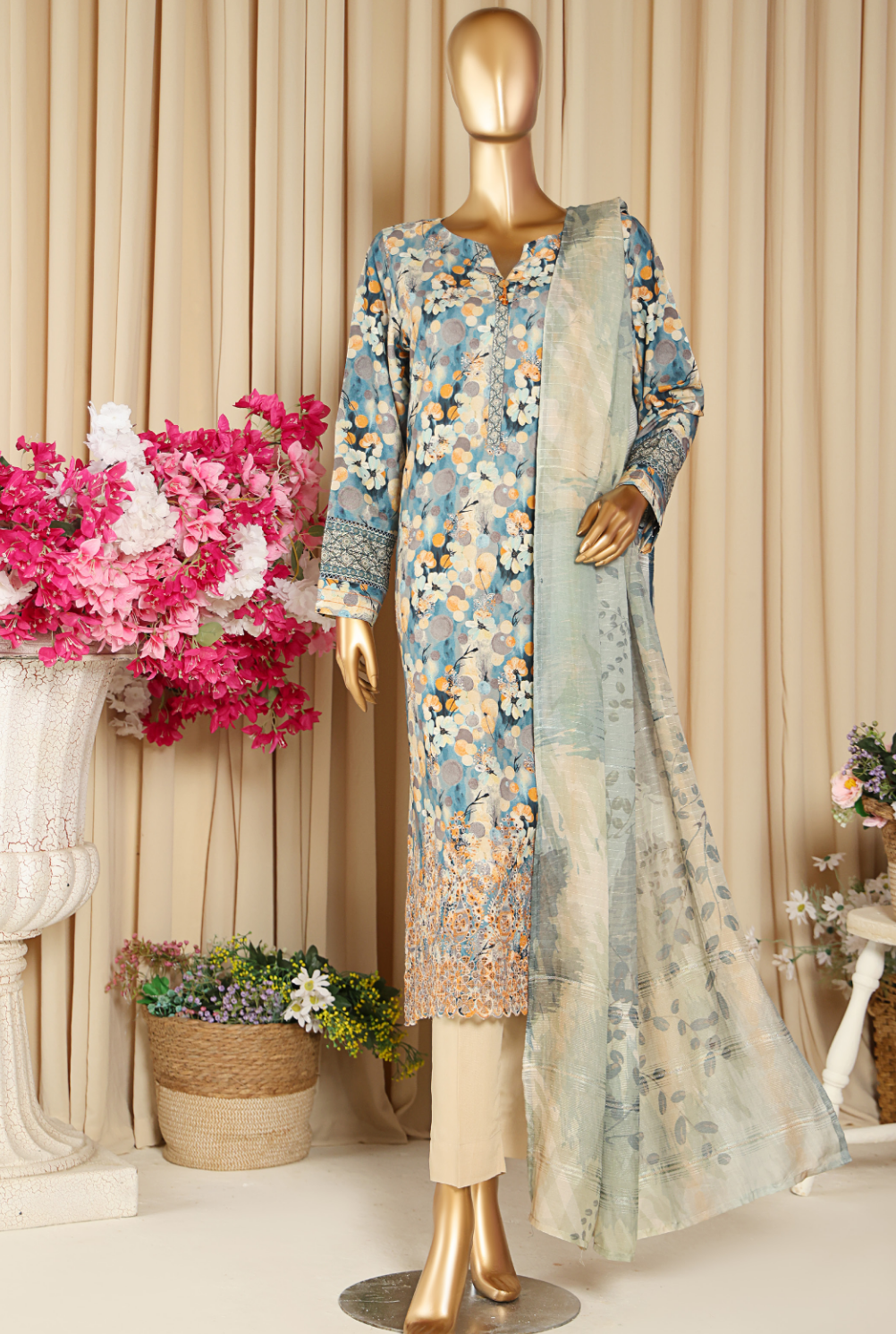 HZ 3PC Unstitched Linen Suit with Elegant Chikankari Embroidery