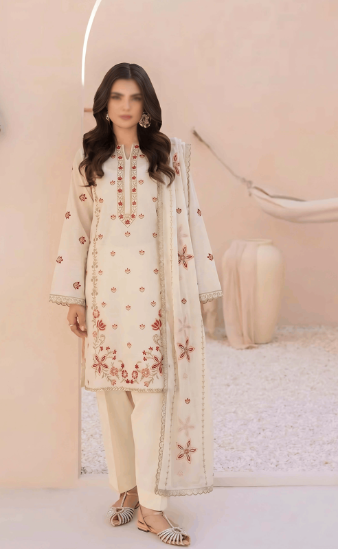FANTAK OLIVE VOL 226 LUXURY SLUB LAWN EMBROIDERED UNSTITCHED 3 PCS SUIT