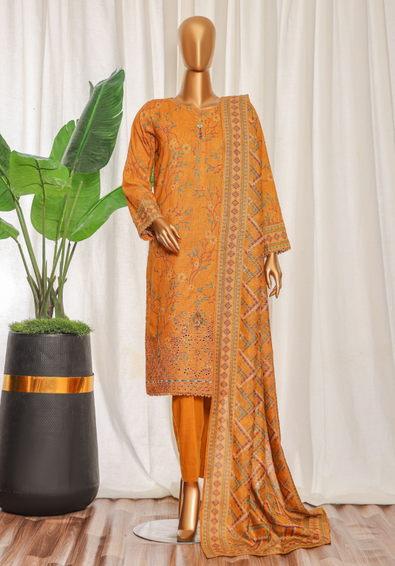 HZ 3PC Premium Khaddar Unstitched Suit with Elegant Chimki Embroidery
