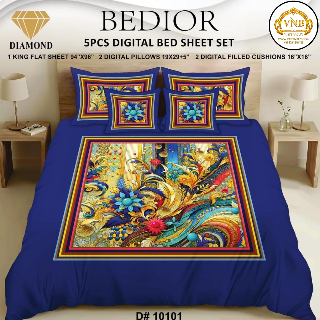 BEDIOR Diamond 5 Pcs HD Digital Printed 5D Bedsheet - King Size