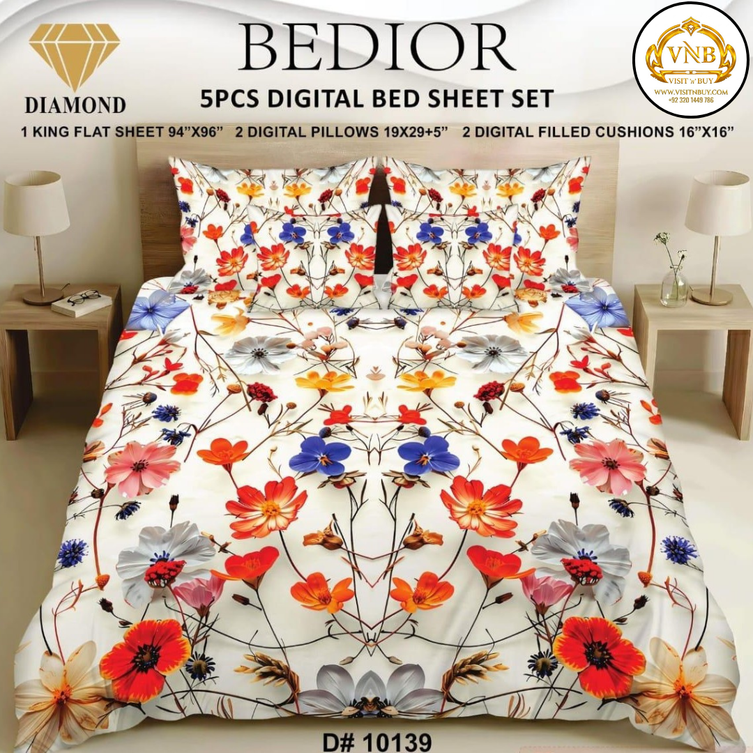 BEDIOR Diamond 5 Pcs HD Digital Printed 5D Bedsheet - King Size