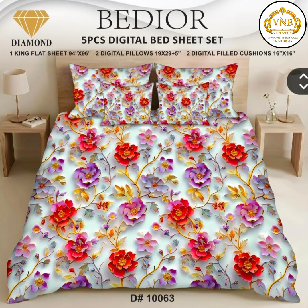 BEDIOR Diamond 5 Pcs HD Digital Printed 5D Bedsheet - King Size