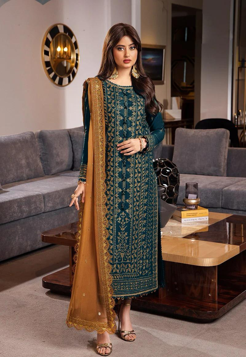 3Pc Unstitched Linen and Shaffon Embroidery Suit Replica