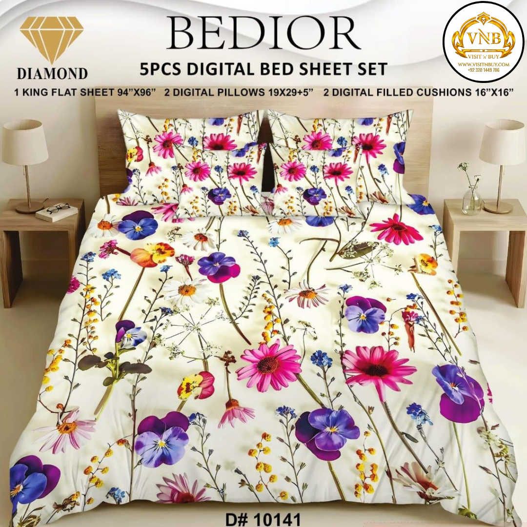 BEDIOR Diamond 5 Pcs HD Digital Printed 5D Bedsheet - King Size