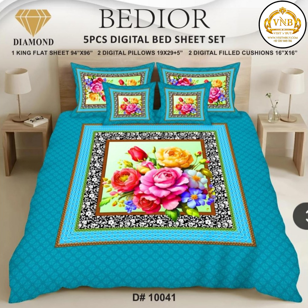 BEDIOR Diamond 5 Pcs HD Digital Printed 5D Bedsheet - King Size