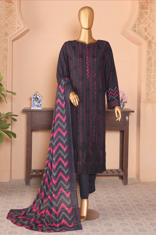 HZ 3PC Unstitched Linen Suit with Elegant Chikankari Embroidery