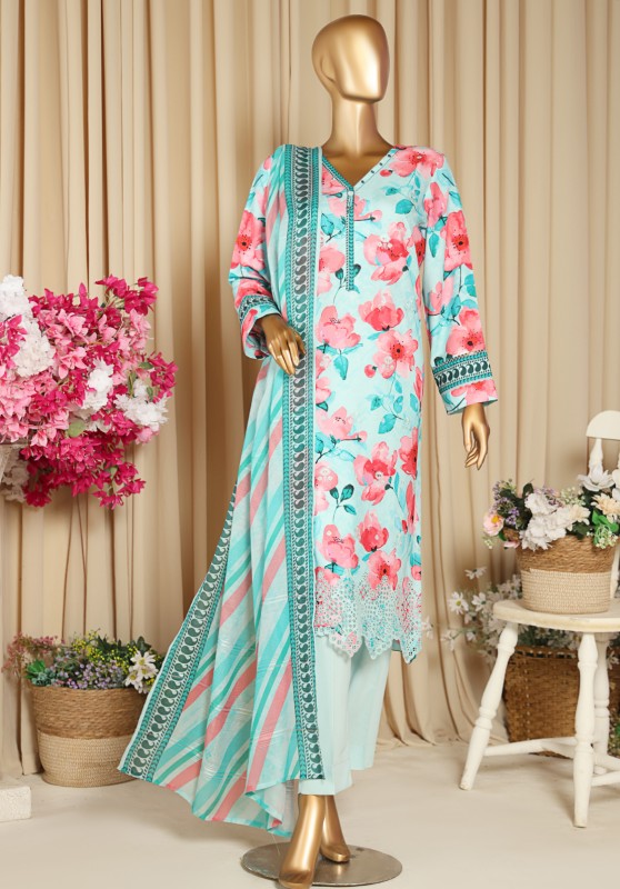 HZ 3PC Unstitched Linen Suit with Elegant Chikankari Embroidery