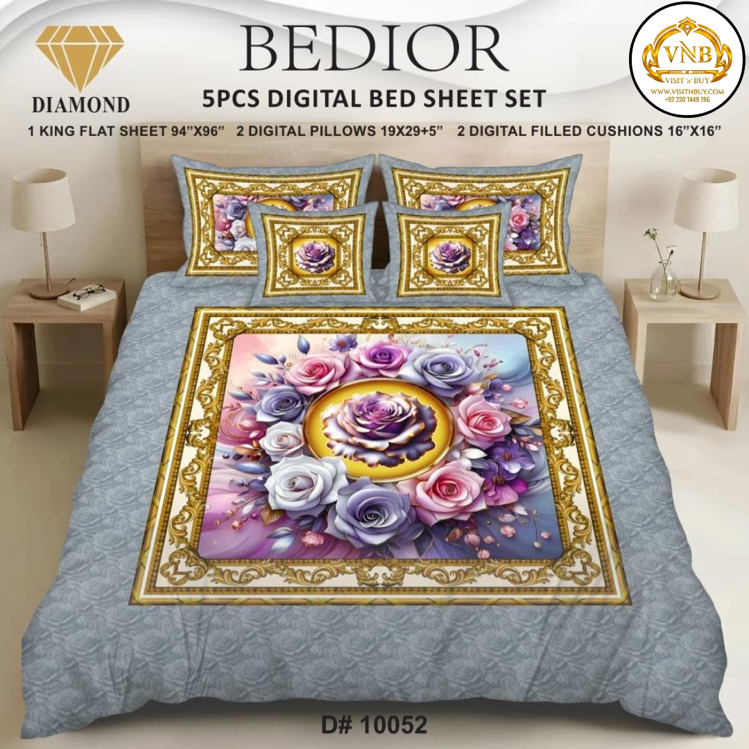 BEDIOR Diamond 5 Pcs HD Digital Printed 5D Bedsheet - King Size