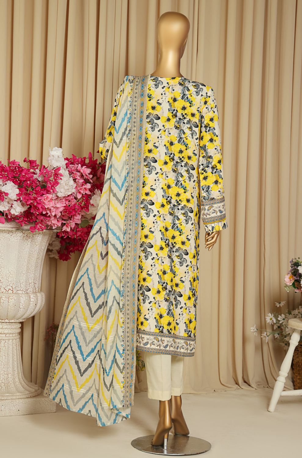 HZ 3PC Unstitched Linen Suit with Elegant Chikankari Embroidery