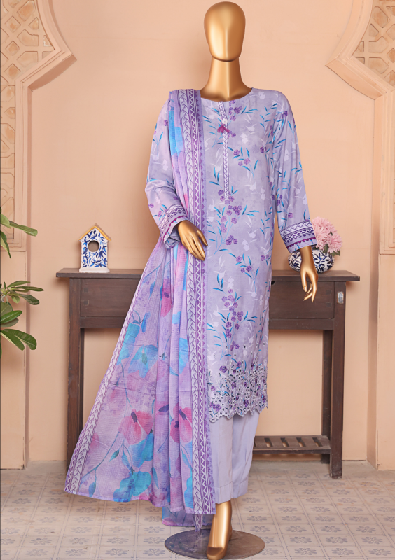HZ 3PC Unstitched Linen Suit with Elegant Chikankari Embroidery