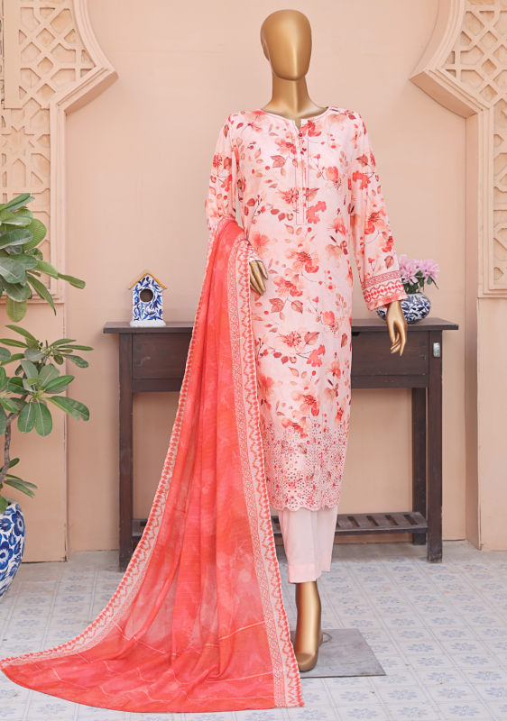 HZ 3PC Unstitched Linen Suit with Elegant Chikankari Embroidery