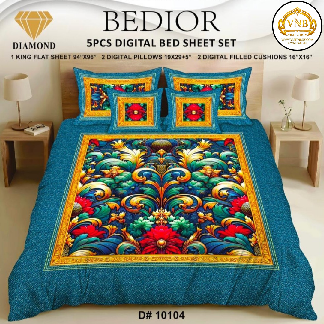 BEDIOR Diamond 5 Pcs HD Digital Printed 5D Bedsheet - King Size
