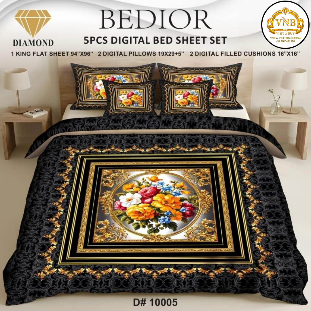 BEDIOR Diamond 5 Pcs HD Digital Printed 5D Bedsheet - King Size