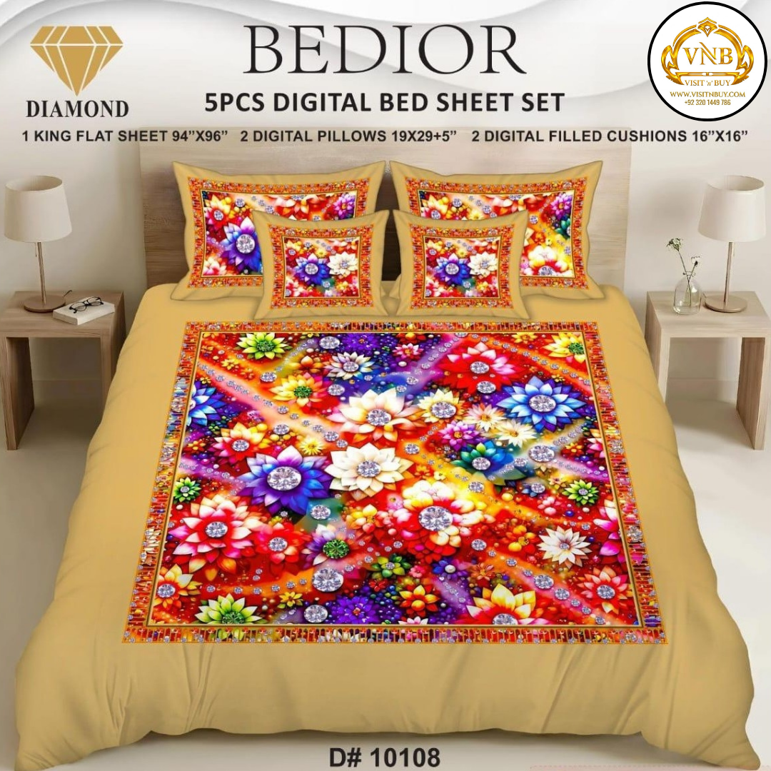 BEDIOR Diamond 5 Pcs HD Digital Printed 5D Bedsheet - King Size
